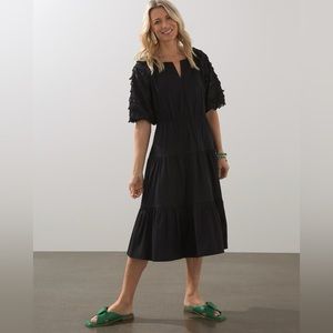 Chico’s Black Poplin Fringe Puff Sleeve Dress